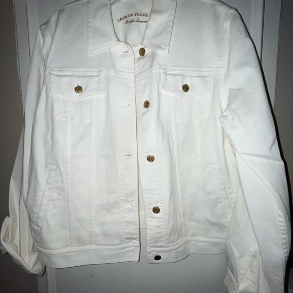 Garage sale price due to stains/spots.  Ralph Lauren white denim jacket size L - Picture 3 of 14